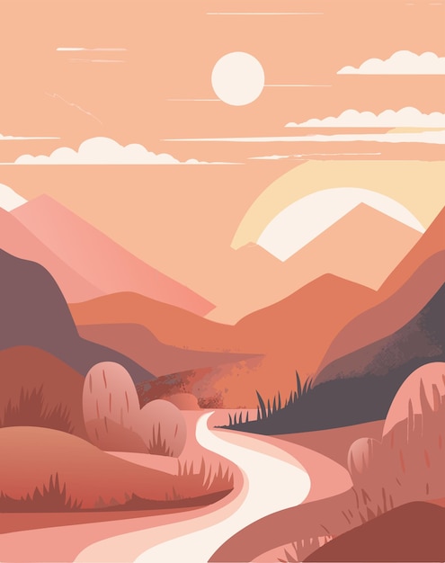 un cartel para una puesta de sol con una montaña en el fondo