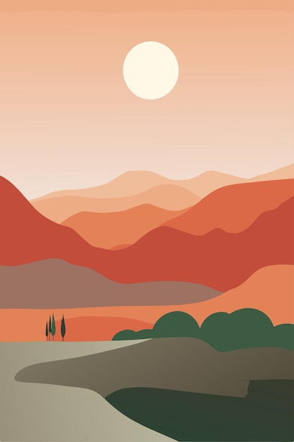 un cartel para una puesta de sol con una montaña en el fondo