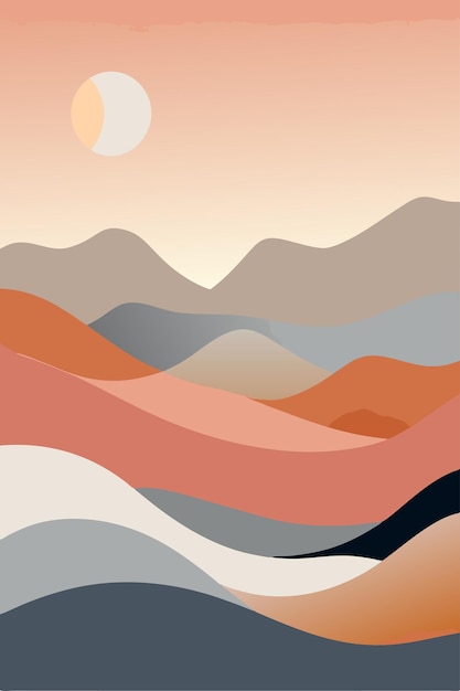 un cartel para una puesta de sol con una montaña en el fondo
