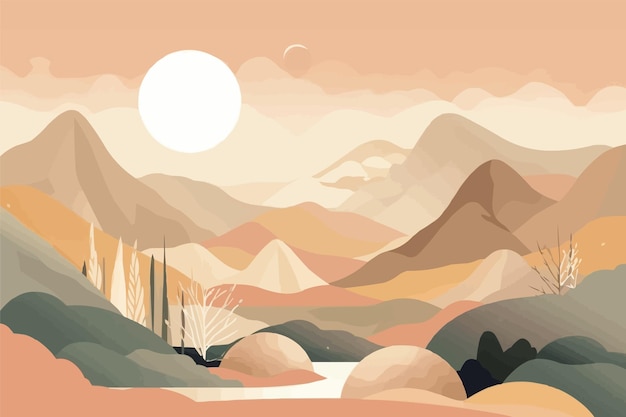 un cartel para una puesta de sol con una montaña en el fondo