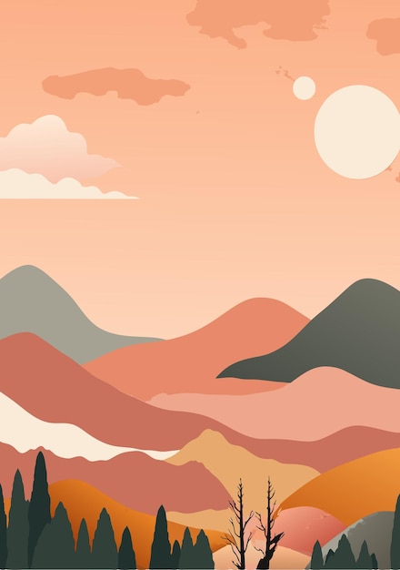 un cartel para una puesta de sol con una montaña en el fondo