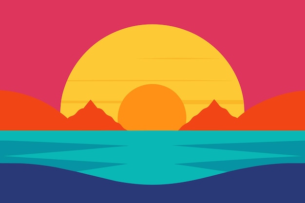 un cartel para una puesta de sol con montañas en el fondo