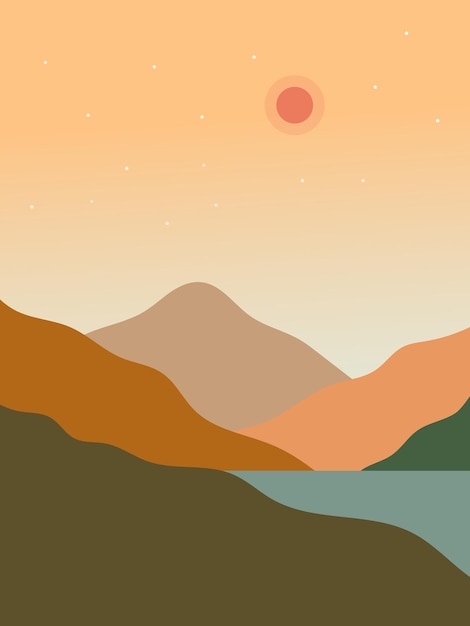 un cartel de una puesta de sol con montañas y un lago