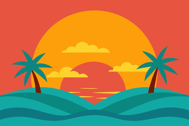 un cartel de una puesta de sol con palmeras al fondo