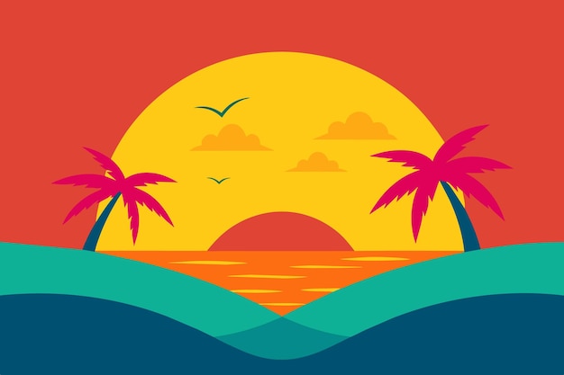 un cartel para una puesta de sol con palmeras y una puesta de Sol