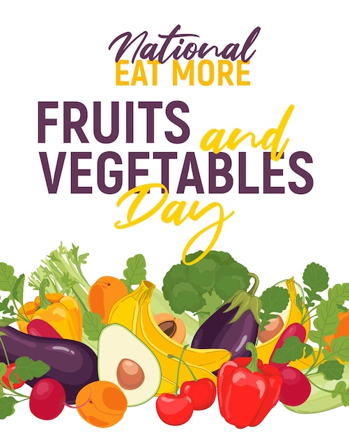 Un cartel que anima a las personas a comer más frutas y verduras naturales, productos agrícolas vectoriales sobre un fondo blanco, ráfago, brócoli, calabacín, berenjena, plátano, cereza, albaricoque, aguacate en estilo de dibujos animados.