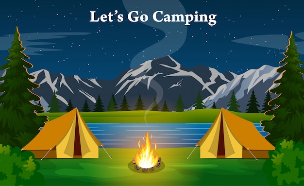 Cartel que muestra el campamento con una fogata