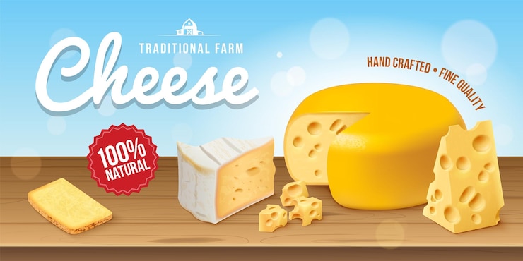 Vector cartel de queso realista quesos de granja que promueven el diseño de fondo con titulares cortado cheddar gouda fresco o holandés edam naturaleza nutrición productos lácteos ilustración vectorial de hoy en día