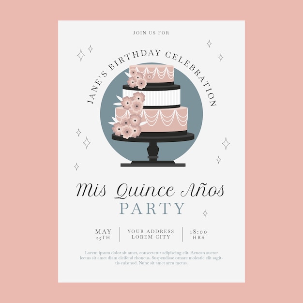 Vector cartel de quinceañera de diseño plano