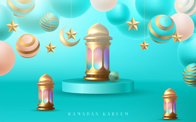 Cartel Ramadán Kareem, diseño de caligrafía árabe dorada.