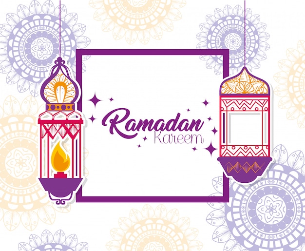 Cartel de Ramadán Kareem con linternas colgando