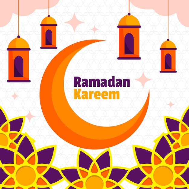 Un cartel para ramadan kareem con luna creciente y estrellas.
