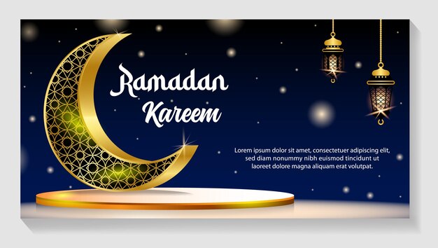 Un cartel para ramadan kareem con una luna creciente sobre un fondo oscuro.