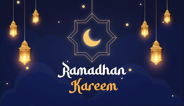 Un cartel para ramadan kareem con luna y luces.