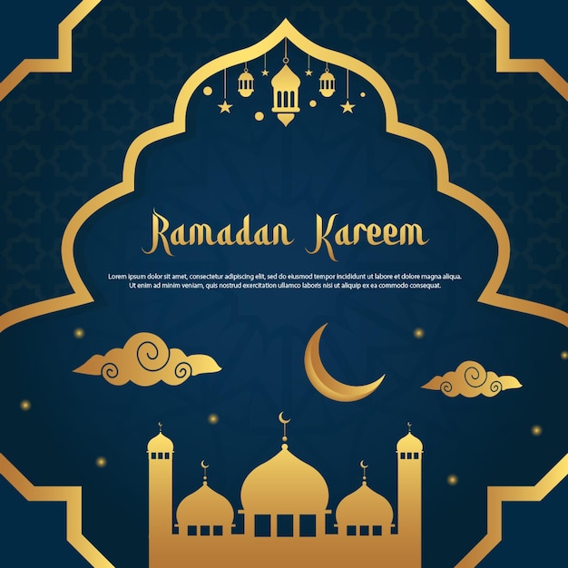 cartel de ramadan kareem con una mezquita y nubes