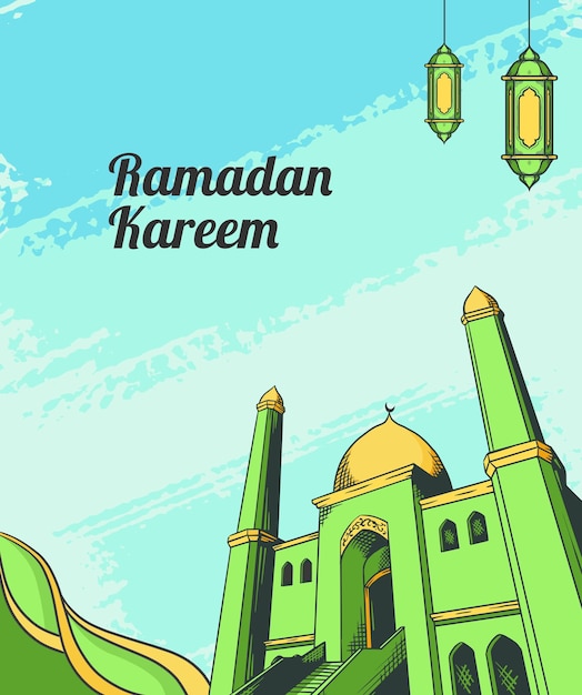 Un cartel para ramadan kareem con una mezquita verde y las palabras ramadan.