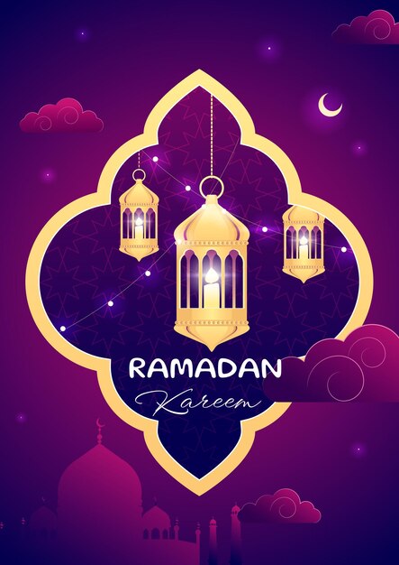 Cartel de Ramadán con linternas, luna de la mezquita y ornamento árabe