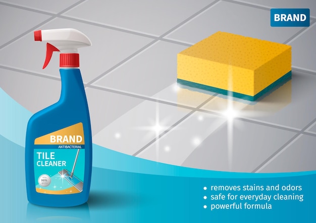 Vector cartel realista de limpieza del hogar con ilustración de vector de piso de lavado de esponja y spray de detergente