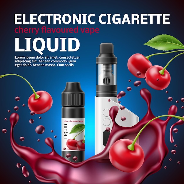 Vector el cartel realista de la tienda de vape 3d de cigarrillo electrónico con sabor a cereza, bayas líquidas y jugosas y vaporizador de salpicaduras es un cartel de marketing 3d de elementos aislados, una plantilla publicitaria y un concepto vectorial.