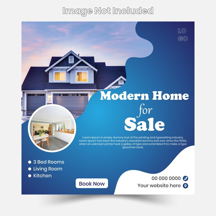 un cartel de redes sociales para el hogar moderno para la venta con un fondo azul