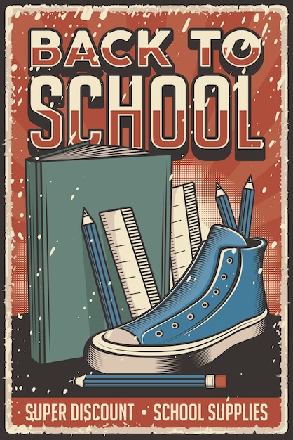 Cartel de regreso a la escuela de estilo rústico vintage retro para la tienda o tienda de útiles escolares