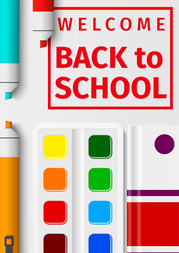 Vector cartel de regreso a la escuela herramientas educativas para estudiantes educación y adquisición de conocimientos suministros de estudio marcadores de color papelería de aprendizaje realista vista superior diseño de tarjetas de bienvenida vectorial