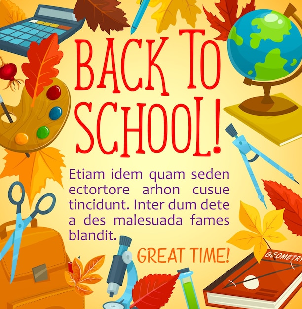 Cartel de regreso a la escuela con marco de útiles escolares.