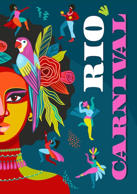 Cartel con retrato de mujer en traje de carnaval brasileño Diseño para concepto de carnaval y otros
