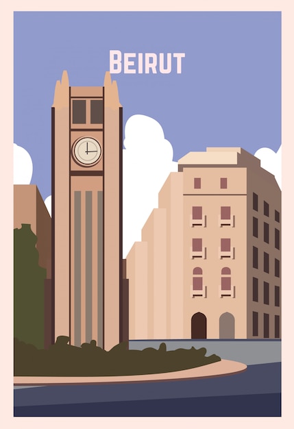 Cartel retro de Beirut. Ilustración del paisaje de Beirut.