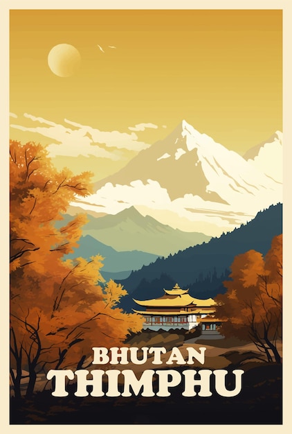 Cartel retro de Bután Thimphu