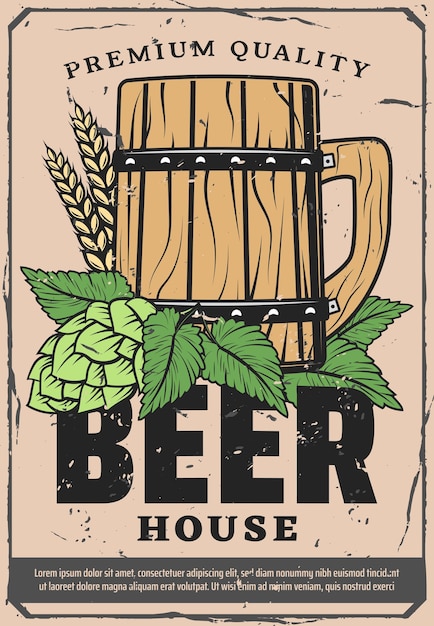 Vector cartel retro de la casa de la cerveza con pinta de madera artesanal