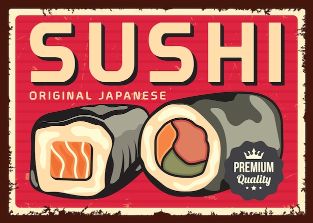 Cartel retro de comida de bar de sushi con anuncio de cartel de restaurante japonés tradicional Signo de vector promocional