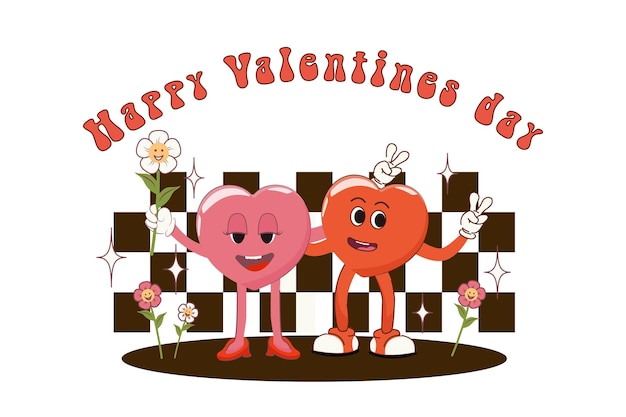 Cartel retro con corazones de dibujos animados y fondo Feliz día de San Valentín Dibujos animados de moda de los años 70