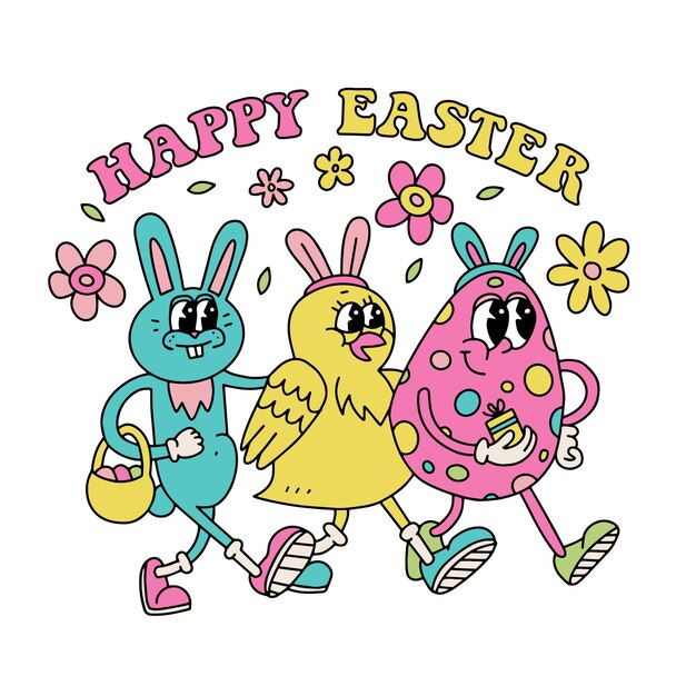 Cartel retro en estilo maravilloso feliz pascua tarjeta de felicitación vintage dibujos animados divertido huevo conejito y pollito ho