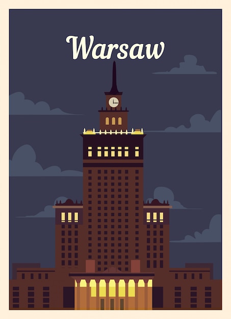 Cartel retro horizonte de la ciudad de varsovia.