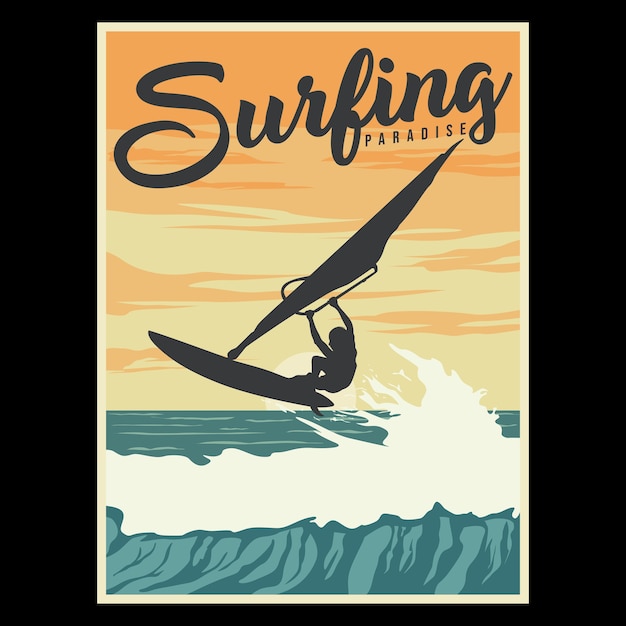 Vector cartel retro de la ilustración del paraíso del surf