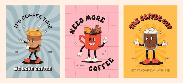 Cartel retro con personajes de dibujos animados de la mascota del café personajes de estilo de garabato coloridos divertidos capuchino cacao latte espresso Ilustración vectorial con elementos tipográficos