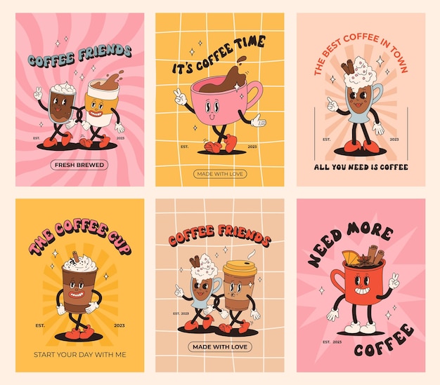 Cartel retro con personajes de dibujos animados de la mascota del café personajes de estilo de garabato coloridos divertidos capuchino cacao latte espresso ilustración vectorial con elementos tipográficos