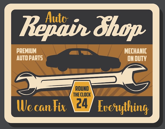 Vector cartel retro de taller de reparación con llave y vehículo