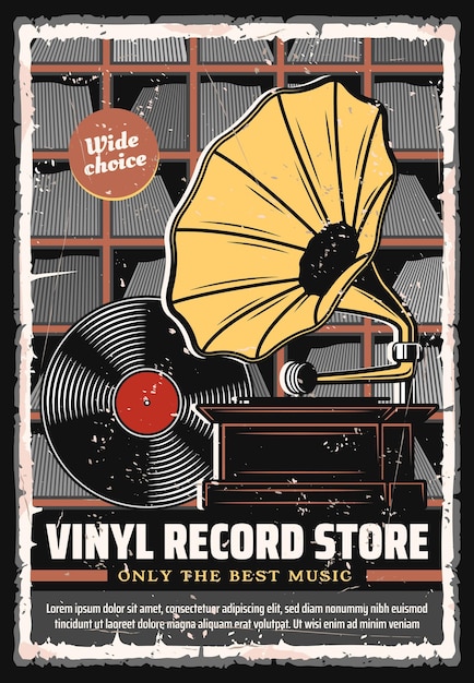 Cartel retro de la tienda de discos de vinilo de la tienda de música