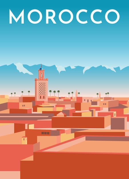 Vector cartel retro de viajes de marruecos, banner vintage. panorama de la ciudad de marrakech con casas, mezquita, montañas.