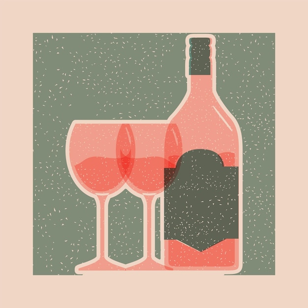 Vector cartel risográfico cuadrado con copas de vino de estilo plano moderno