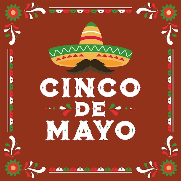 Cartel rojo de celebración del Cinco de Mayo con sombrero tradicional Vector