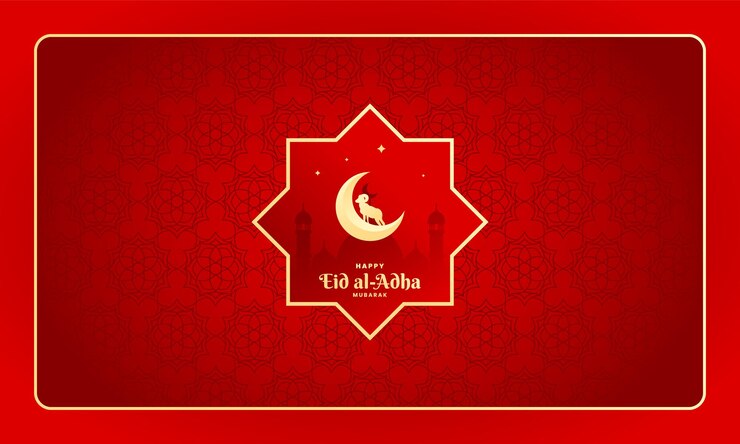 Un cartel rojo para eid al adha con una mezquita al fondo con adorno