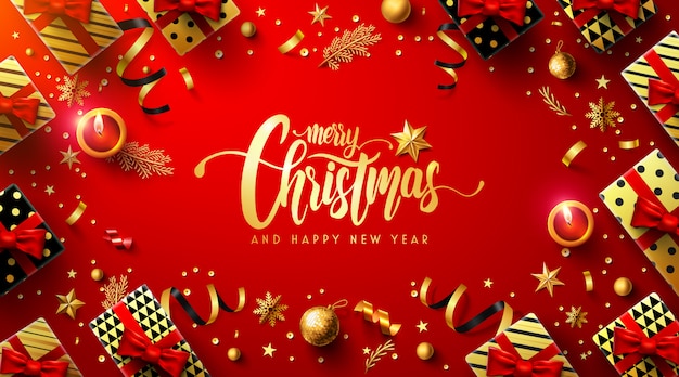 Cartel rojo feliz Navidad y feliz año nuevo