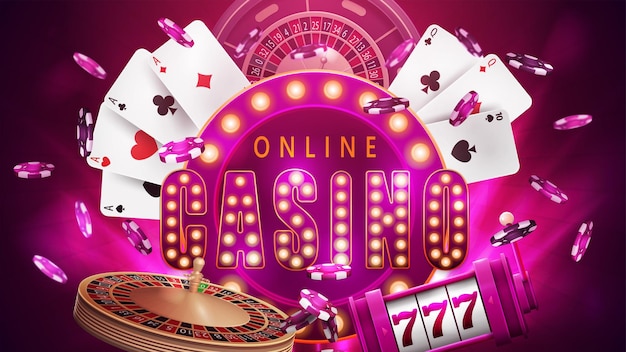 Cartel rosa de casino en línea con elementos de casino Máquina tragamonedas de letrero retro Fichas de póquer de ruleta de casino y naipes