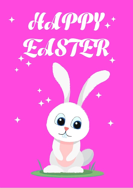 Un cartel rosa con un conejito que dice felices pascuas Tarjeta de felicitación de Pascua con un lindo conejito blanco
