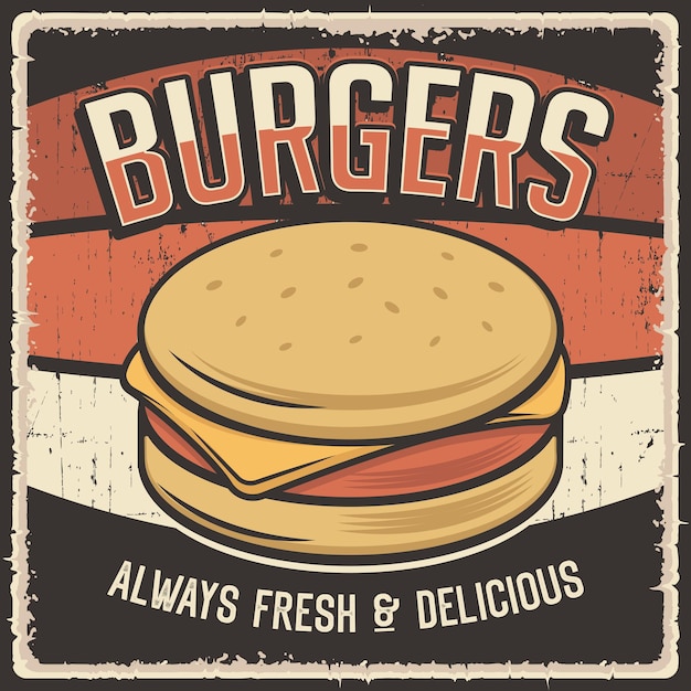 Vector cartel rústico retro de la señalización de la muestra del arte de la pared de la hamburguesa del vintage