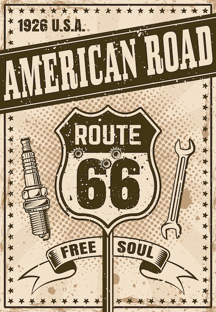 Vector cartel de la ruta 66 en estilo vintage con título american road