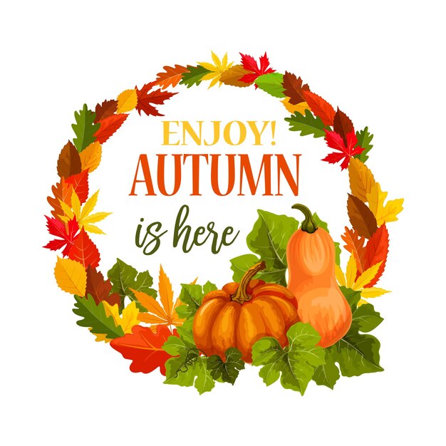 Cartel de saludo de hoja de cosecha de calabaza de vector de otoño
